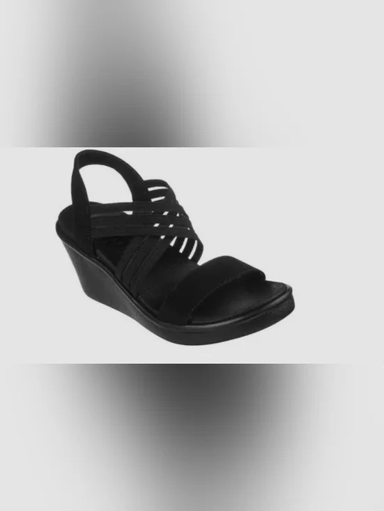 Skechers Black Strappy Elastic Wedge Sandals - Picture 1 of 7